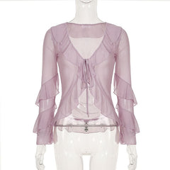 Long sleeve v neck ruffle mesh self tie top