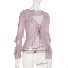 Long sleeve v neck ruffle mesh self tie top