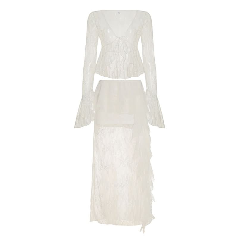 Long sleeve lace v neck ruffle maxi skirt set