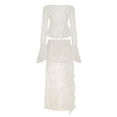 Long sleeve lace v neck ruffle maxi skirt set
