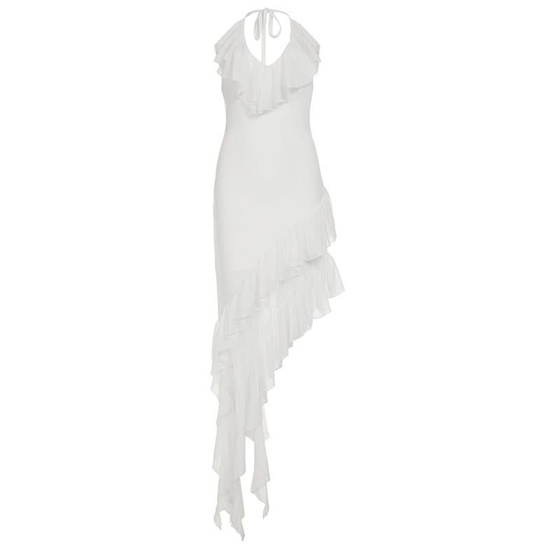 Halter ruffle irregular self tie maxi dress