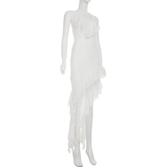 Halter ruffle irregular self tie maxi dress