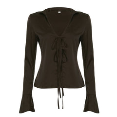 Turnover collar long flared sleeve self tie top