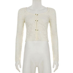 U neck long sleeve lace flower applique top
