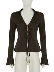 Turnover collar long flared sleeve self tie top