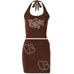 Halter print u neck backless tube mini skirt set