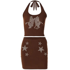 Halter print u neck backless tube mini skirt set