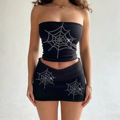Halter print u neck backless tube mini skirt set