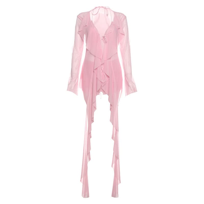 Mesh long sleeve v neck ruffle self tie mini skirt set