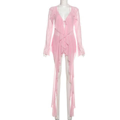 Mesh long sleeve v neck ruffle self tie mini skirt set