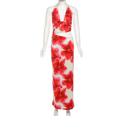 Self tie halter flower print hollow out cut out maxi dress