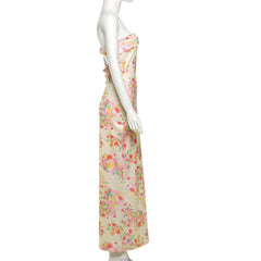 Ruched flower print backless tube maxi dress