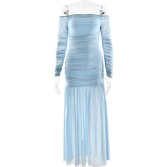 Off shoulder ruched long sleeve mesh zip-up maxi dress