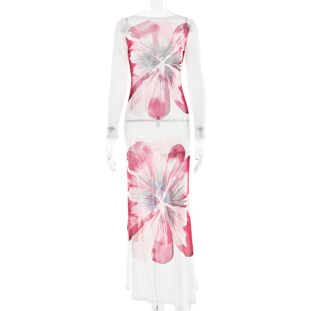 Long sleeve flower print mesh maxi dress