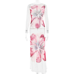 Long sleeve flower print mesh maxi dress