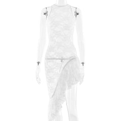Lace irregular see though ruched mini dress
