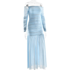 Off shoulder ruched long sleeve mesh zip-up maxi dress