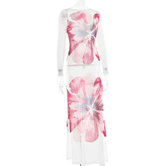 Long sleeve flower print mesh maxi dress