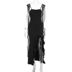 Ruffle high slit lace up cami maxi dress