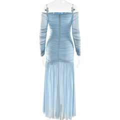 Off shoulder ruched long sleeve mesh zip-up maxi dress