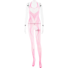 Halter open crotch fishnet beaded jumpsuit