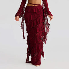 Lace irregular ruffle maxi skirt