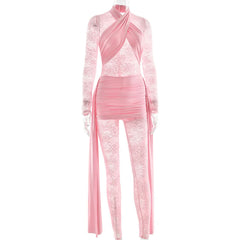 Long sleeve ruched lace patchwork jumpsuit