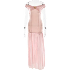 Off shoulder mesh metal applique maxi dress