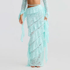 Lace irregular ruffle maxi skirt