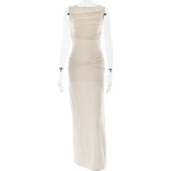 Ruched sleeveless hollow out button slit cut out maxi dress