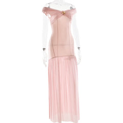 Off shoulder mesh metal applique maxi dress