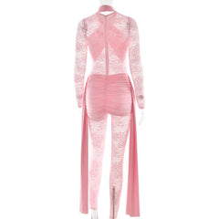 Long sleeve ruched lace patchwork jumpsuit