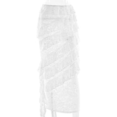 Lace irregular ruffle maxi skirt