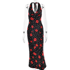 Polka dot flower print halter maxi dress