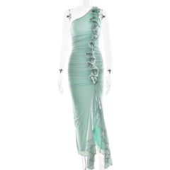 One shoulder ruffle slit mesh maxi dress