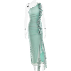 One shoulder ruffle slit mesh maxi dress