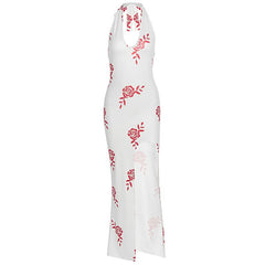 Halter v neck slit flower print maxi dress