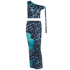 One shoulder leopard print maxi skirt set