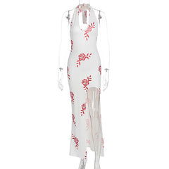 Halter v neck slit flower print maxi dress