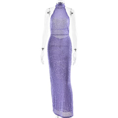 Glitter backless halter slit maxi dress