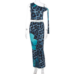 One shoulder leopard print maxi skirt set