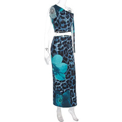 One shoulder leopard print maxi skirt set