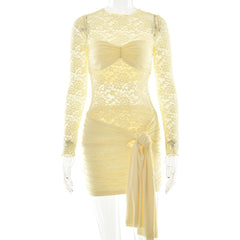 Long sleeve ruched lace knotted mini dress