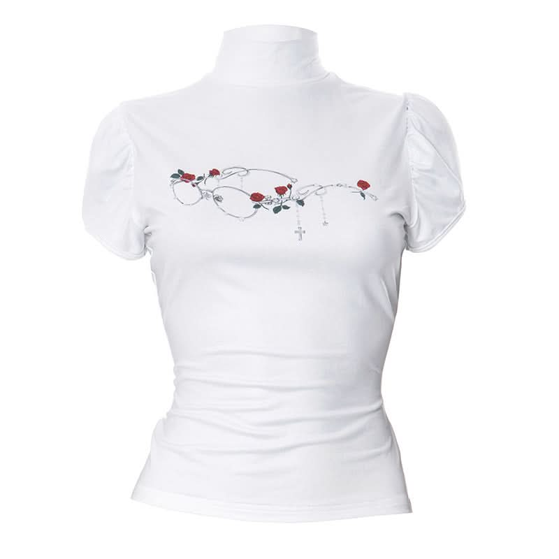 Puff sleeve high neck flower print top
