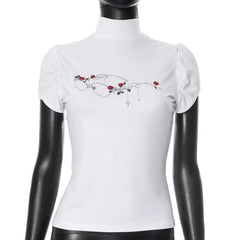 Puff sleeve high neck flower print top