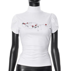 Puff sleeve high neck flower print top