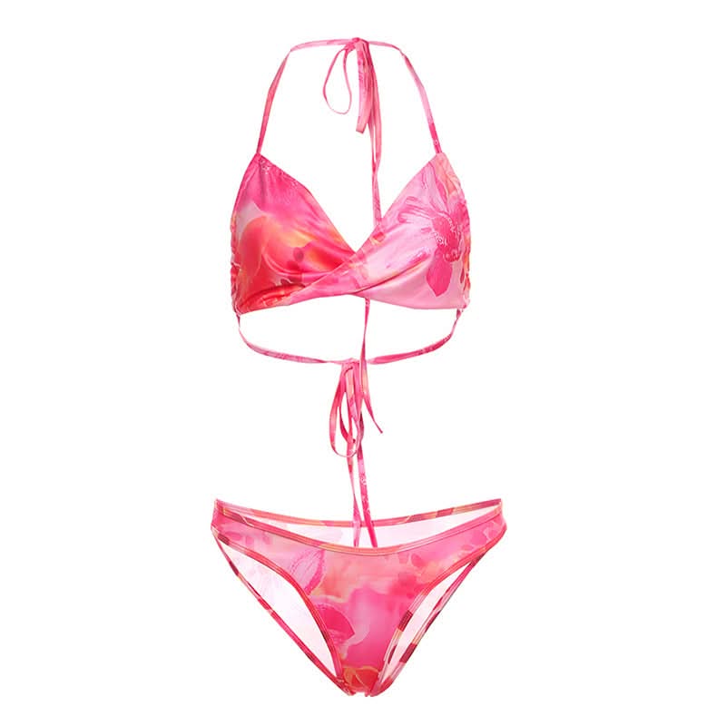 Print halter self tie v neck bikini swimwear