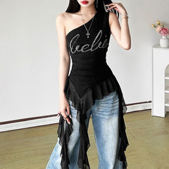 One shoulder letter beaded irregular top