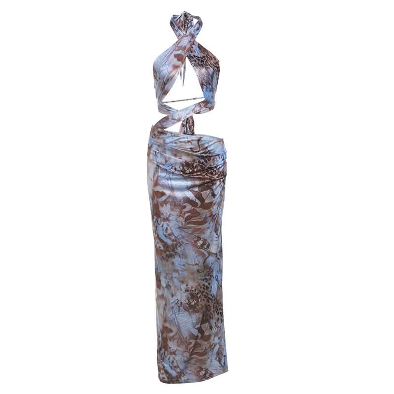 Cross front hollow out halter print cut out maxi dress