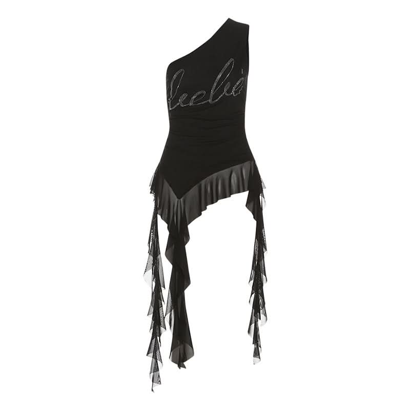 One shoulder letter beaded irregular top